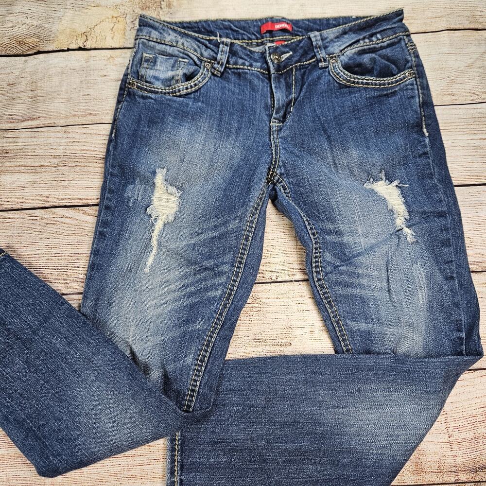 Bongo Womens Jeans Juniors Sz 7 Distressed Ripped Pants Blue Tapered Leg Pants